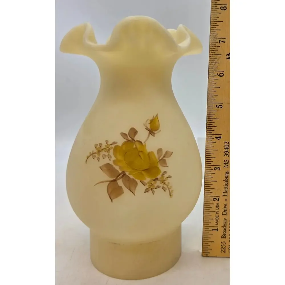 Fenton Glass Signed Globe for Hurricane Lamp Chocolate Roses On Cameo Satin